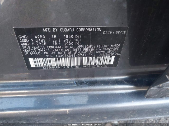 44894334 :رقم المزاد ، 4S3GTAD63K3747085 vin ، 2019 Subaru Impreza 2.0i Premium مزاد بيع