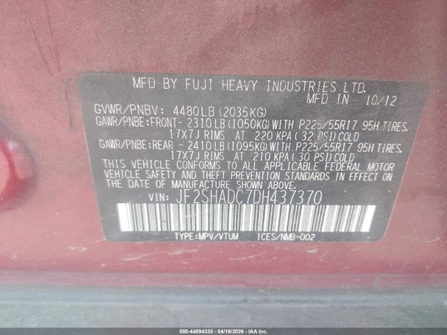 Продаж на аукціоні авто 2013 Subaru Forester 2.5x Premium, vin: JF2SHADC7DH437370, номер лоту: 44894335