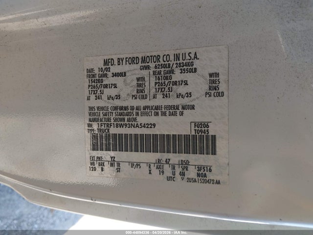 Aukcja sprzedaży 2003 Ford F-150 Xl/xlt, vin: 1FTRF18W93NA54229, numer aukcji: 44894336