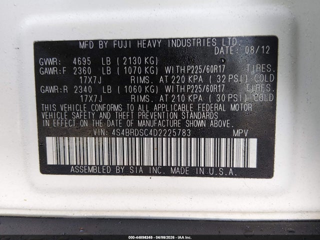 44894340 :رقم المزاد ، 4S4BRDSC4D2225783 vin ، 2013 Subaru Outback 3.6r Limited مزاد بيع