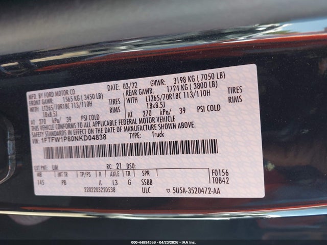 2022 Ford F-150 Police Responder Xl მანქანა იყიდება აუქციონზე, vin: 1FTFW1P80NKD04838, აუქციონის ნომერი: 44894369