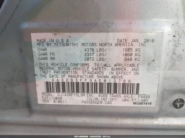 2010 Mitsubishi Galant Es/se მანქანა იყიდება აუქციონზე, vin: 4A32B3FF9AE013766, აუქციონის ნომერი: 44894384