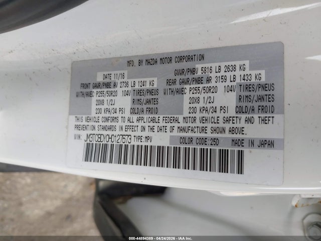 Aukcja sprzedaży 2017 Mazda Cx-9 Grand Touring, vin: JM3TCBDY0H0127673, numer aukcji: 44894389