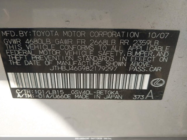 Продаж на аукціоні авто 2008 Lexus Es 350, vin: JTHBJ46G982179297, номер лоту: 44894390