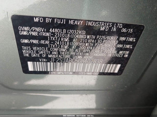 44894398 :رقم المزاد ، JF2SJABC5GH402838 vin ، 2016 Subaru Forester 2.5i مزاد بيع