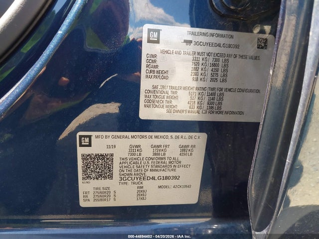 Продаж на аукціоні авто 2020 Chevrolet Silverado 1500 4wd  Short Bed Rst, vin: 3GCUYEED4LG180392, номер лоту: 44894402