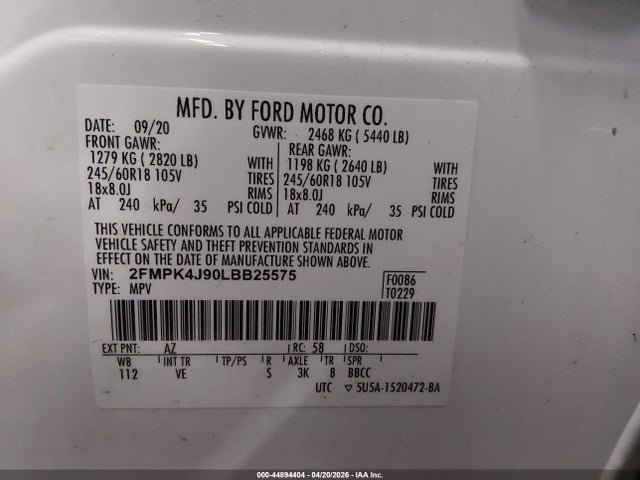 Aukcja sprzedaży 2020 Ford Edge Sel, vin: 2FMPK4J90LBB25575, numer aukcji: 44894404