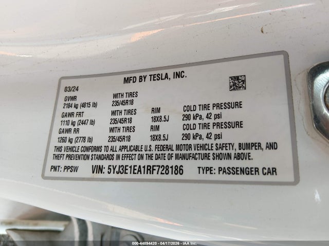 Продажа на аукционе авто 2024 Tesla Model 3 Long Range Dual Motor All-wheel Drive/rear-wheel Drive, vin: 5YJ3E1EA1RF728186, номер лота: 44894420