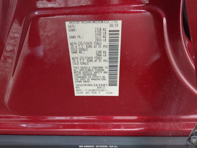 44894425 :رقم المزاد ، 5N1AZ2MJ8KN163487 vin ، 2019 Nissan Murano Sl مزاد بيع