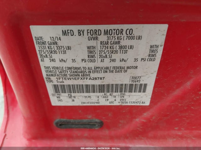 44894434 :رقم المزاد ، 1FTEW1EFXFFA28787 vin ، 2015 Ford F-150 Xlt مزاد بيع