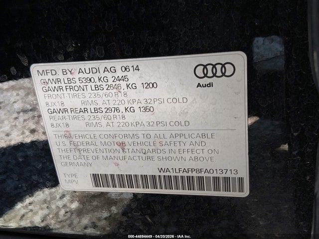 44894449 :رقم المزاد ، WA1LFAFP8FA013713 vin ، 2015 Audi Q5 2.0t Premium مزاد بيع