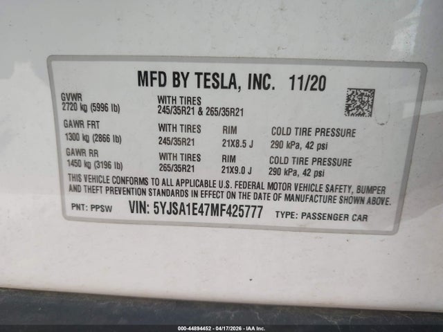 44894452 :رقم المزاد ، 5YJSA1E47MF425777 vin ، 2021 Tesla Model S Performance Dual Motor All-wheel Drive مزاد بيع