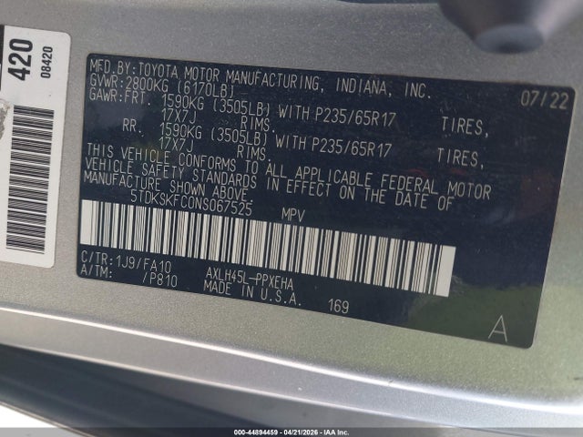 44894459 :رقم المزاد ، 5TDKSKFC0NS067525 vin ، 2022 Toyota Sienna Le مزاد بيع