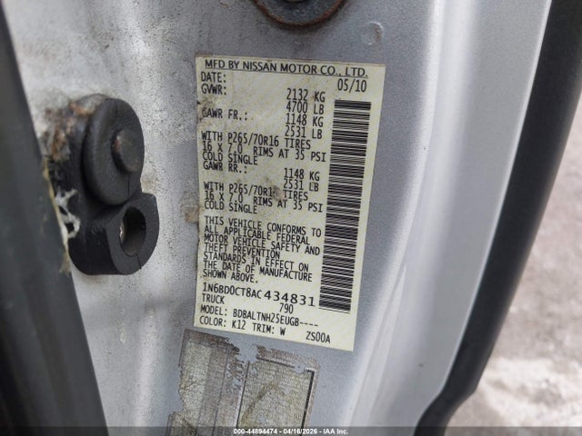44894474 :رقم المزاد ، 1N6BD0CT8AC434831 vin ، 2010 Nissan Frontier Se-i4 مزاد بيع