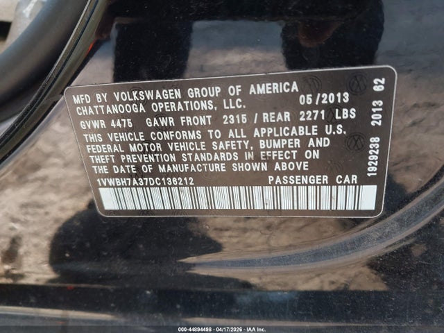 Aukcja sprzedaży 2013 Volkswagen Passat 2.5l Se, vin: 1VWBH7A37DC136212, numer aukcji: 44894498