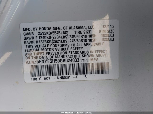 5FNYF5H59GB024033 Honda Pilot Ex-l