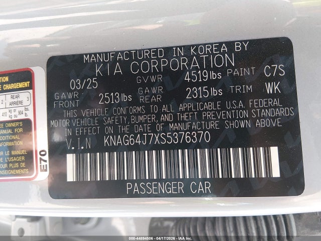 Продаж на аукціоні авто 2025 Kia K5 Gt-line, vin: KNAG64J7XS5376370, номер лоту: 44894506