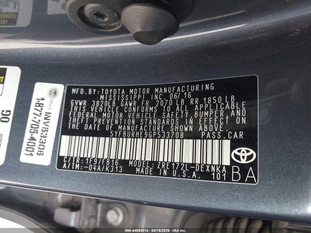 2016 Toyota Corolla Le Plus მანქანა იყიდება აუქციონზე, vin: 5YFBURHE9GP533708, აუქციონის ნომერი: 44894514