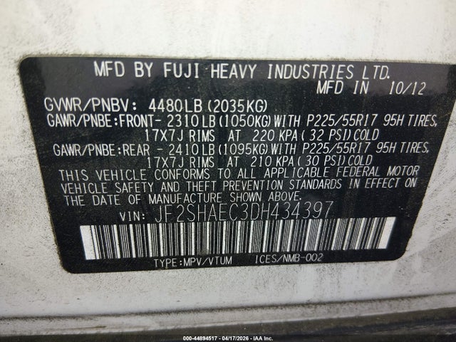 2013 Subaru Forester 2.5x Limited მანქანა იყიდება აუქციონზე, vin: JF2SHAEC3DH434397, აუქციონის ნომერი: 44894517