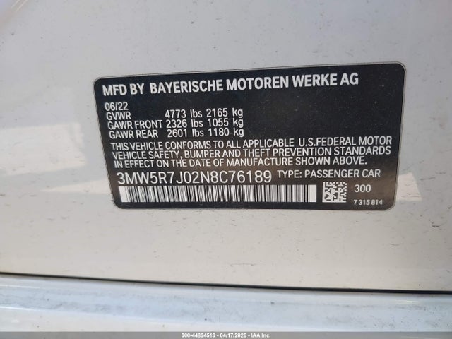 Продажа на аукционе авто 2022 Bmw 330i Xdrive, vin: 3MW5R7J02N8C76189, номер лота: 44894519
