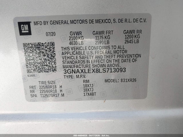 Aukcja sprzedaży 2020 Chevrolet Equinox Fwd Lt 2.0l Turbo, vin: 3GNAXLEX8LS713093, numer aukcji: 44894525