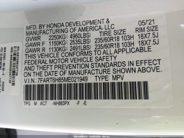 2021 Honda Cr-v Hybrid Ex-l მანქანა იყიდება აუქციონზე, vin: 7FART6H85ME021949, აუქციონის ნომერი: 44894532