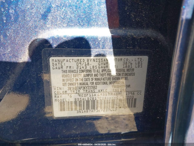 Продажа на аукционе авто 2019 Nissan Sentra Sv, vin: 3N1AB7AP3KY237662, номер лота: 44894534