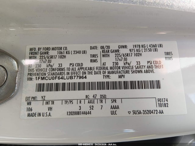 44894535 :رقم المزاد ، 1FMCU0F64LUB77964 vin ، 2020 Ford Escape S مزاد بيع