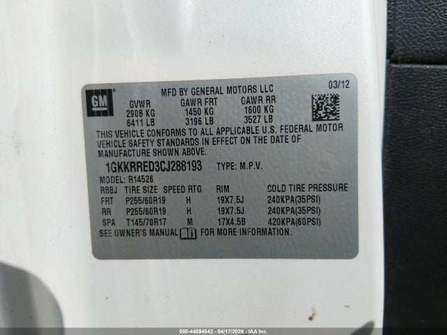 Продаж на аукціоні авто 2012 Gmc Acadia Slt-1, vin: 1GKKRRED3CJ288193, номер лоту: 44894542