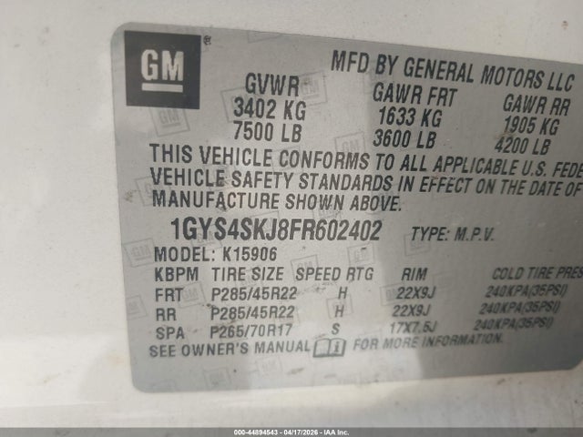 Продаж на аукціоні авто 2015 Cadillac Escalade Esv Luxury, vin: 1GYS4SKJ8FR602402, номер лоту: 44894543