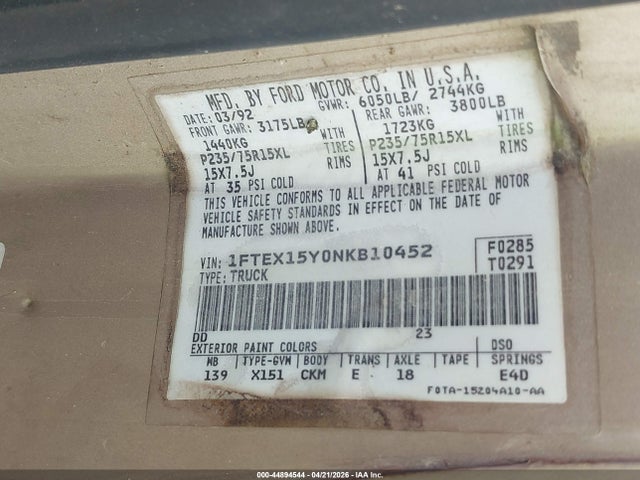 44894544 :رقم المزاد ، 1FTEX15Y0NKB10452 vin ، 1992 Ford F150 مزاد بيع