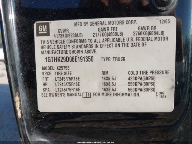 Aukcja sprzedaży 2006 Gmc Sierra 2500hd Sle2, vin: 1GTHK29D06E191350, numer aukcji: 44894560