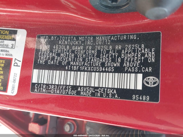 Aukcja sprzedaży 2012 Toyota Camry Se, vin: 4T1BF1FKXCU594465, numer aukcji: 44894562