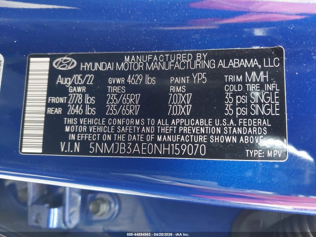 44894563 :رقم المزاد ، 5NMJB3AE0NH159070 vin ، 2022 Hyundai Tucson Sel مزاد بيع