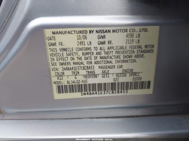 2007 Nissan Maxima 3.5 Sl მანქანა იყიდება აუქციონზე, vin: 1N4BA41E37C828453, აუქციონის ნომერი: 44894572