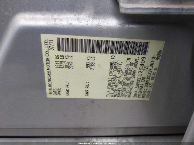 Aukcja sprzedaży 2012 Nissan Altima 2.5 S, vin: 1N4AL2APXCC125809, numer aukcji: 44894607