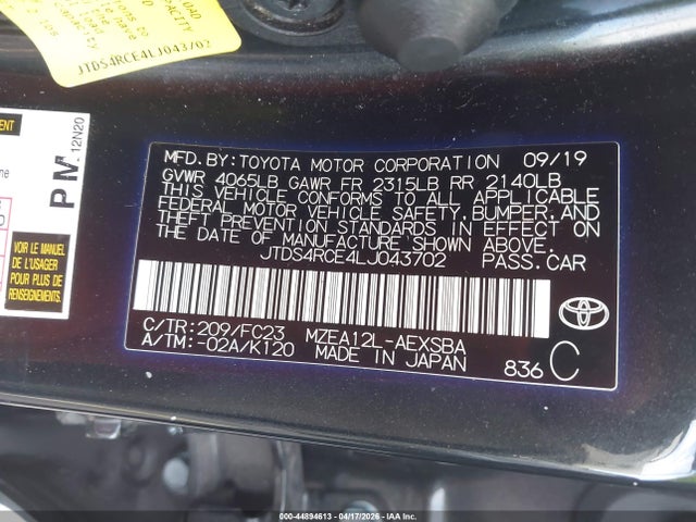 44894613 :رقم المزاد ، JTDS4RCE4LJ043702 vin ، 2020 Toyota Corolla Se مزاد بيع