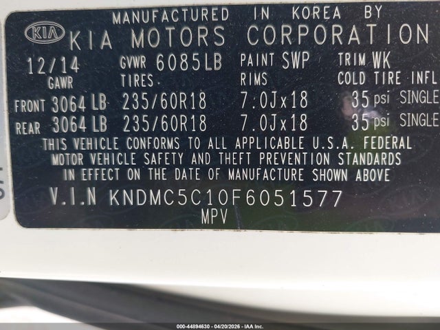 Продаж на аукціоні авто 2015 Kia Sedona Ex, vin: KNDMC5C10F6051577, номер лоту: 44894630