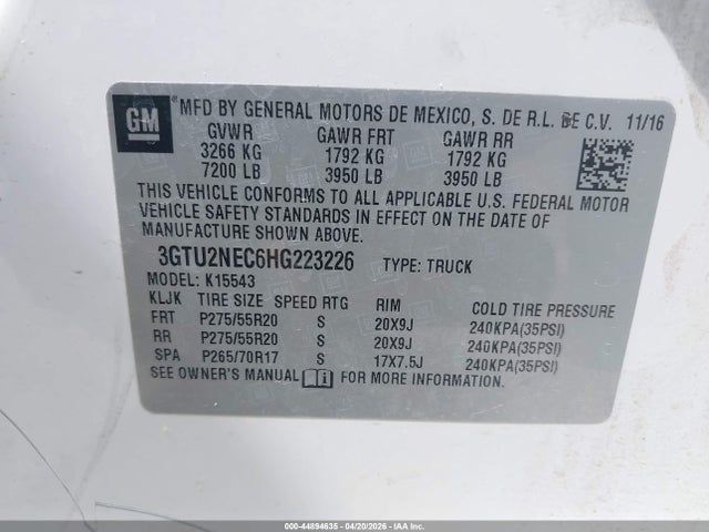 Продажа на аукционе авто 2017 Gmc Sierra 1500 Slt, vin: 3GTU2NEC6HG223226, номер лота: 44894635