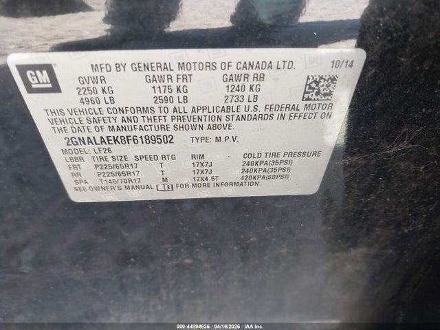 Продаж на аукціоні авто 2015 Chevrolet Equinox Ls, vin: 2GNALAEK8F6189502, номер лоту: 44894636