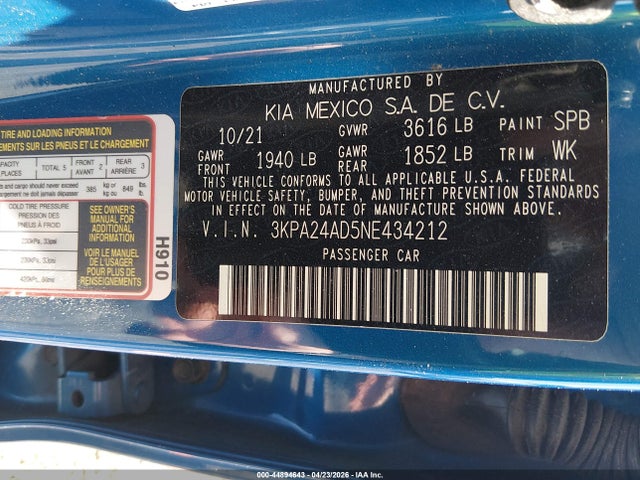 2022 Kia Rio S მანქანა იყიდება აუქციონზე, vin: 3KPA24AD5NE434212, აუქციონის ნომერი: 44894643