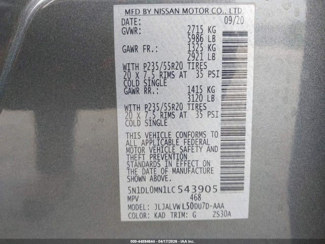 Aukcja sprzedaży 2020 Infiniti Qx60 Luxe, vin: 5N1DL0MN1LC543905, numer aukcji: 44894644