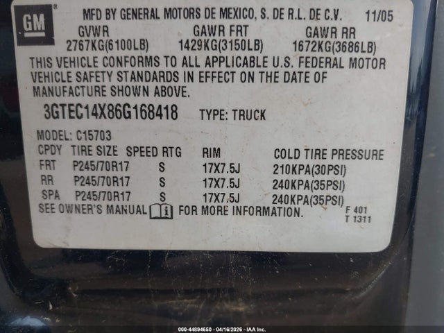 Aukcja sprzedaży 2006 Gmc Sierra 1500 Work Truck, vin: 3GTEC14X86G168418, numer aukcji: 44894650