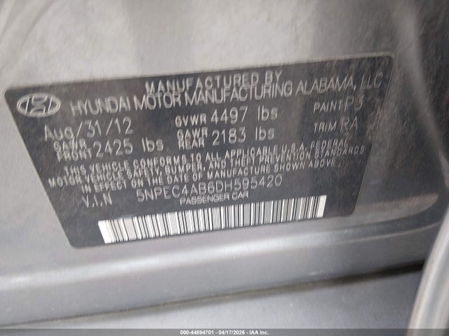 2013 Hyundai Sonata Limited 2.0t მანქანა იყიდება აუქციონზე, vin: 5NPEC4AB6DH595420, აუქციონის ნომერი: 44894701