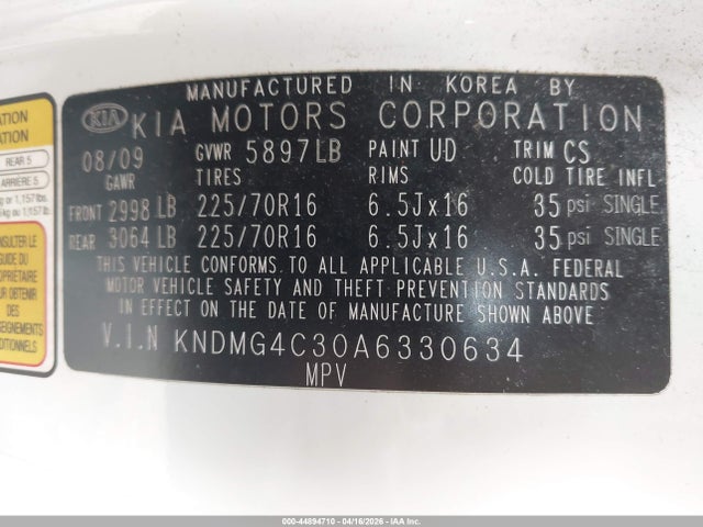 44894710 :رقم المزاد ، KNDMG4C30A6330634 vin ، 2010 Kia Sedona مزاد بيع