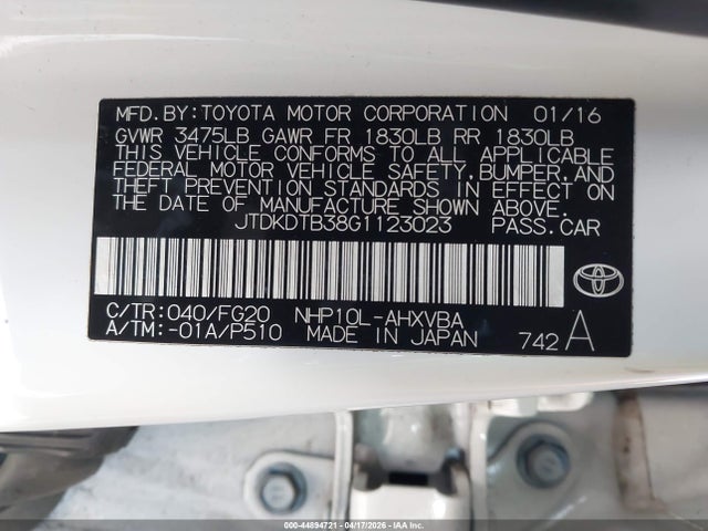 JTDKDTB38G1123023 Toyota Prius C Two