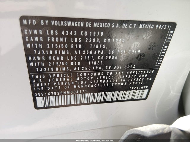 44894723 :رقم المزاد ، 3VV1X7B25NM004171 vin ، 2022 Volkswagen Taos 1.5t Sel مزاد بيع