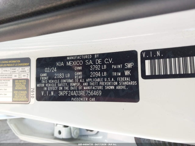 Auction sale of the 2024 Kia Forte Lxs, vin: 3KPF24AD3RE756469, lot number: 44894725