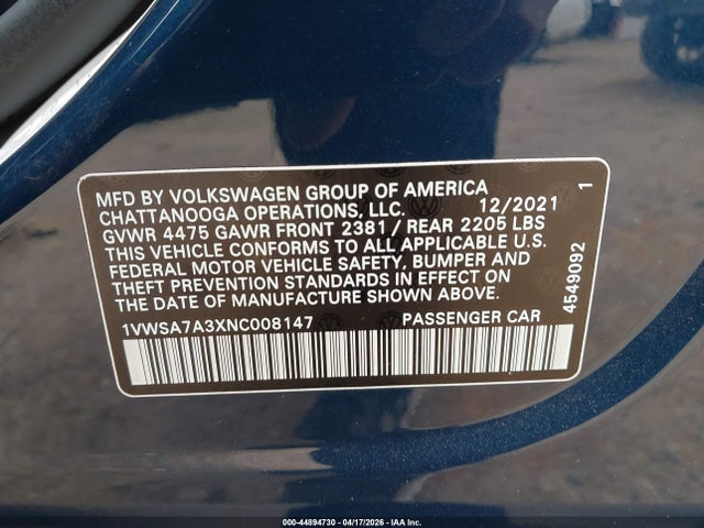 2022 Volkswagen Passat 2.0t Se მანქანა იყიდება აუქციონზე, vin: 1VWSA7A3XNC008147, აუქციონის ნომერი: 44894730