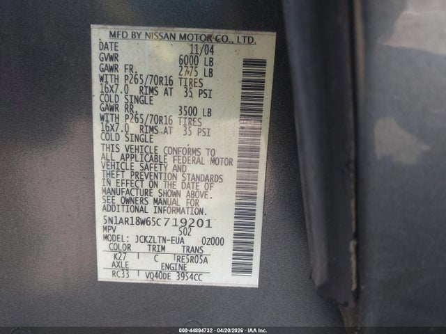 Aukcja sprzedaży 2005 Nissan Pathfinder Se, vin: 5N1AR18W65C719201, numer aukcji: 44894732